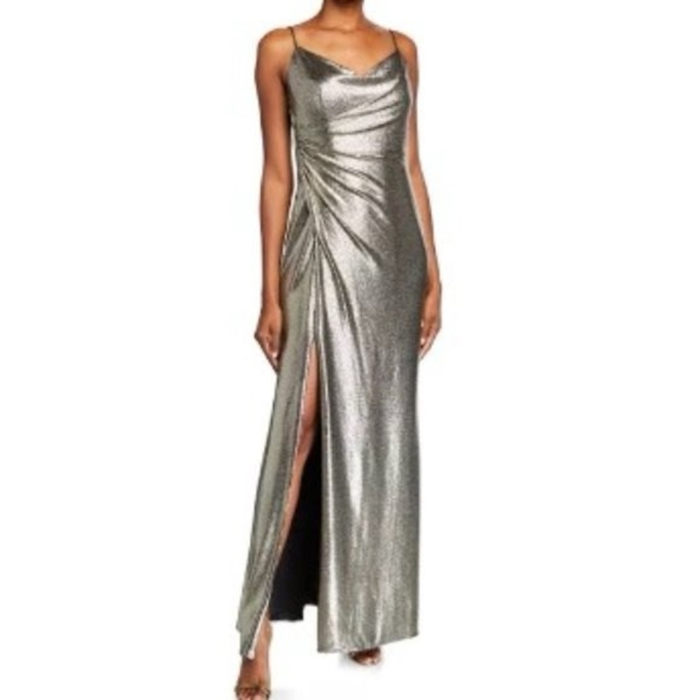 Aidan by Aidan Mattox Cowl-Neck Sleeveless Foiled Jersey Column Gown Size 6